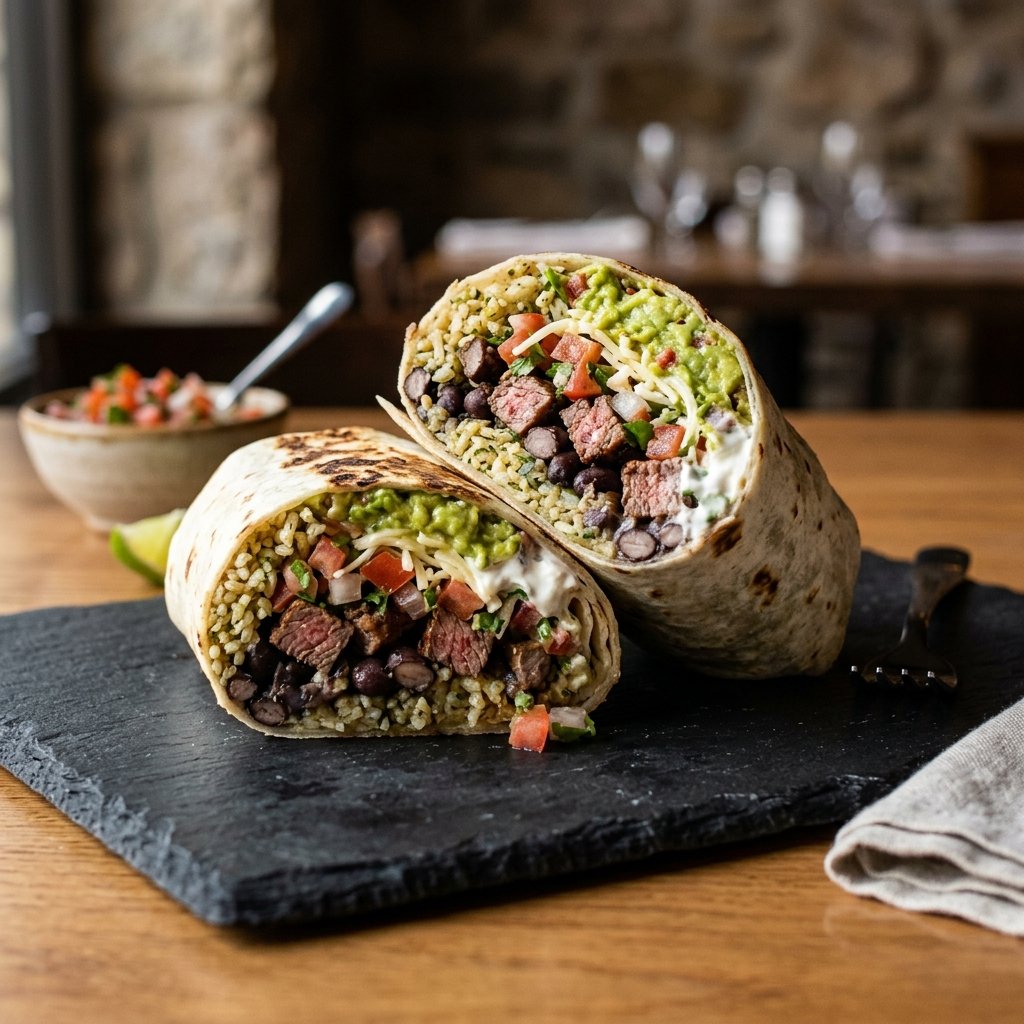 Chipotle burrito cut in half showing rice, steak, beans, salsa, and guacamole filling