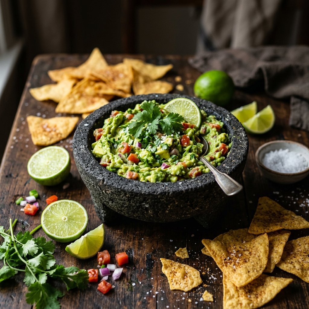 Fresh guacamole in a bowl with crispy tortilla chips