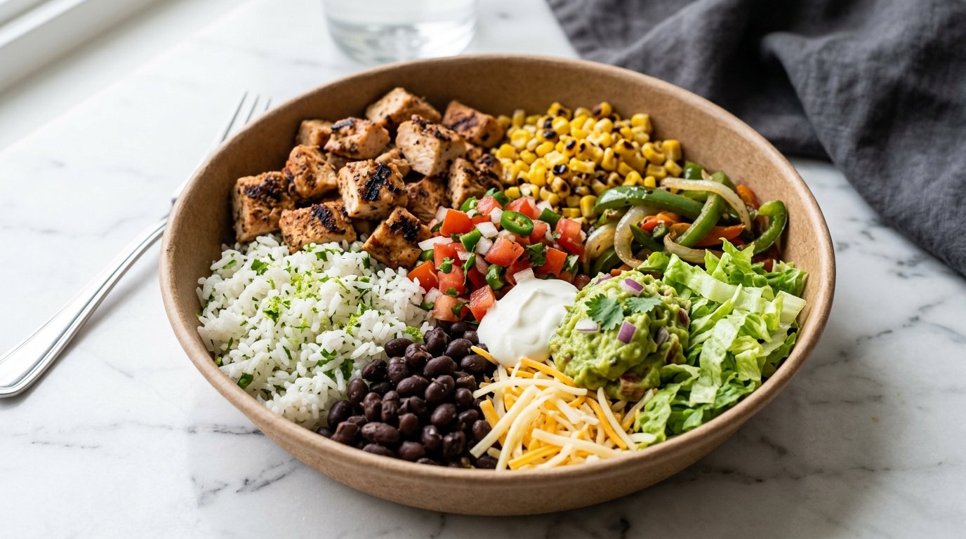 A beautifully arranged Chipotle-style burrito bowl with grilled chicken, cilantro lime rice, black beans, fresh tomato salsa, corn, cheese, guacamole, and lettuce