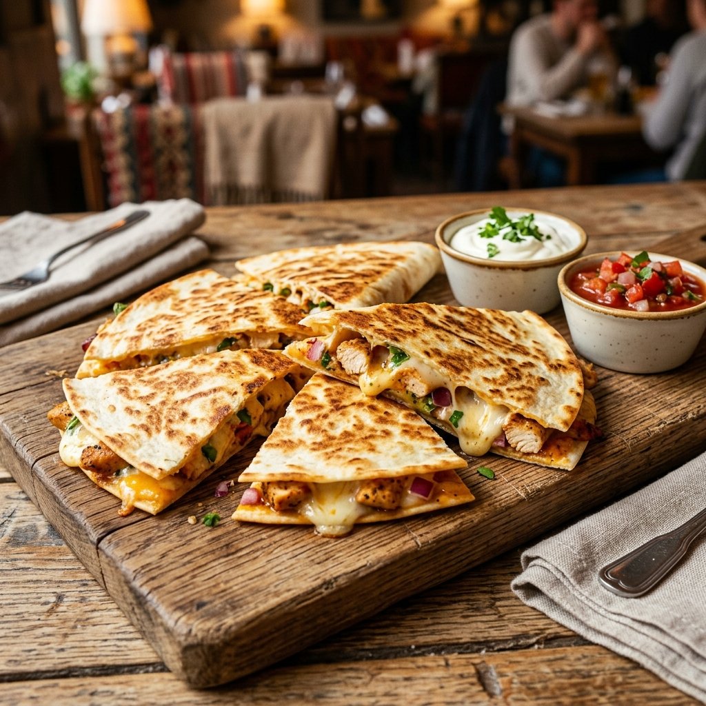 Chipotle quesadilla cut into triangles showing melted cheese and chicken