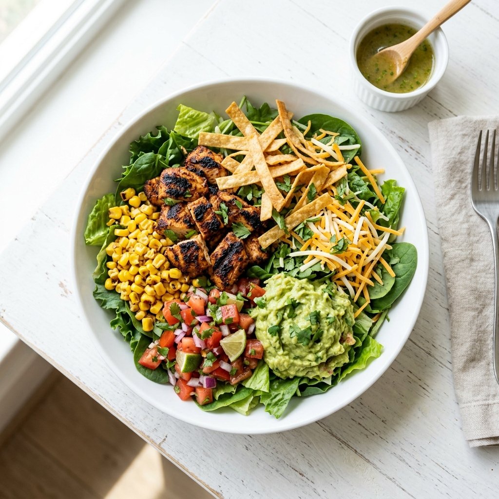 Fresh Chipotle salad with supergreens, grilled chicken, corn, salsa, and guacamole