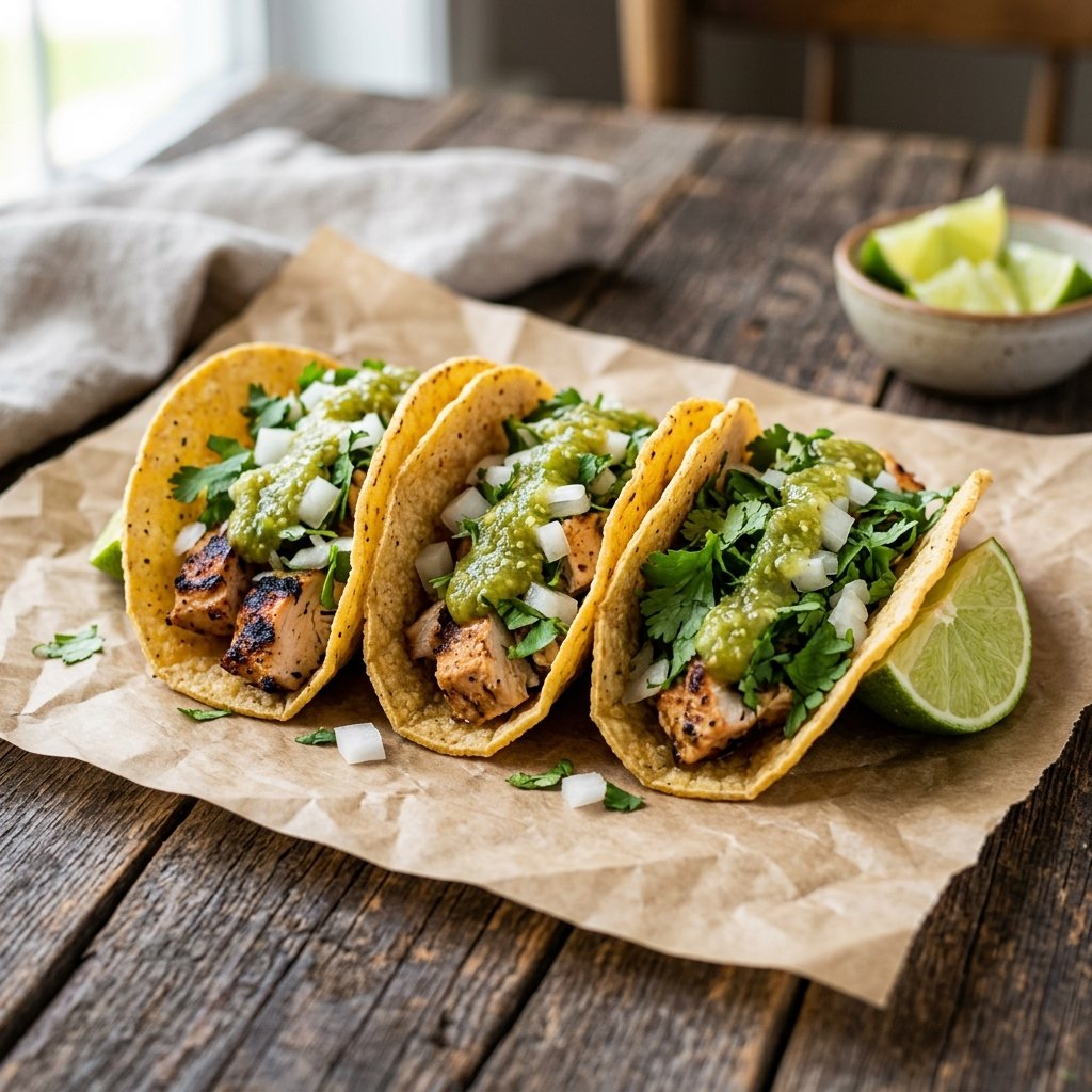 Three Chipotle tacos with grilled chicken, cilantro, onion, and salsa verde